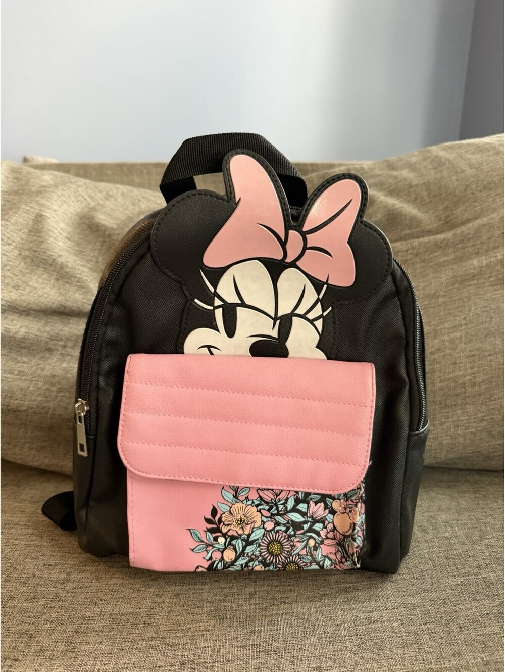 Disney Minnie Mouse Mini Backpack Pink Bow Floral Pocket Black Faux Leather